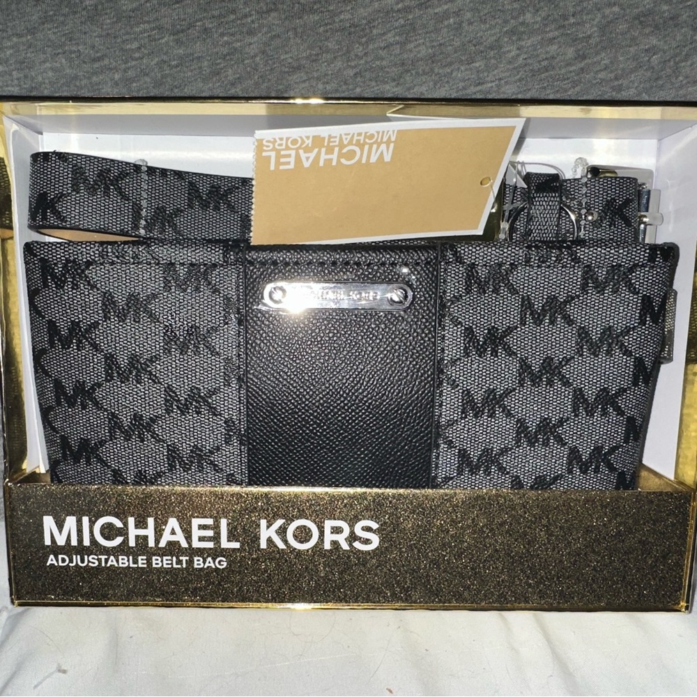 Michael Kors Black and Gray Belt Bag with Monogram Pattern